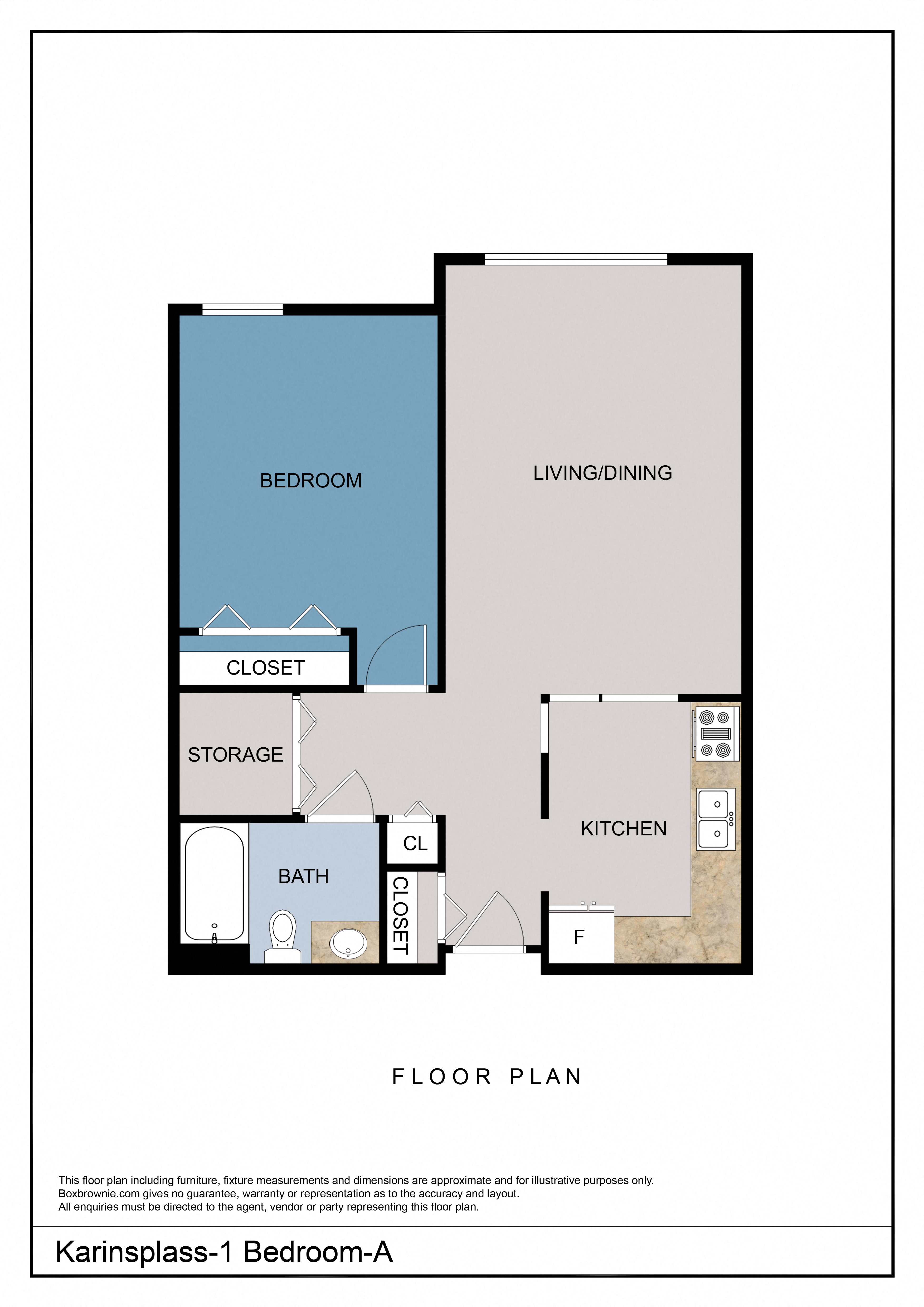 Floor plan for 1 bed, 1 bath, 824 sqft